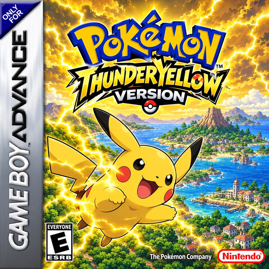 Fan-made Game Boy Advance cover artwork for ThunderYellow Version, featuring Pikachu beneath a storm of yellow lightning.